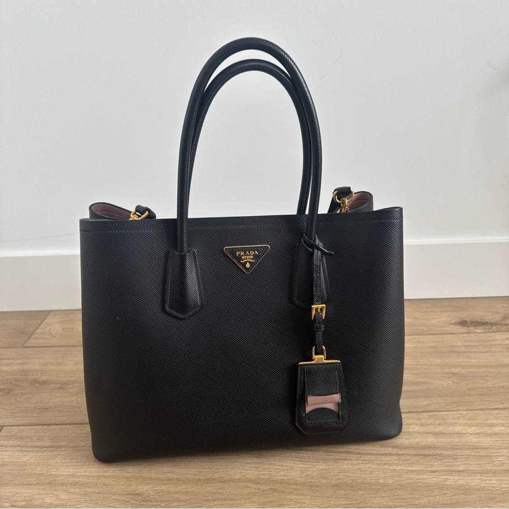 Prada Saffiano Cuir Leather Double Handle Medium Tote BLACK With PINK Inter Read